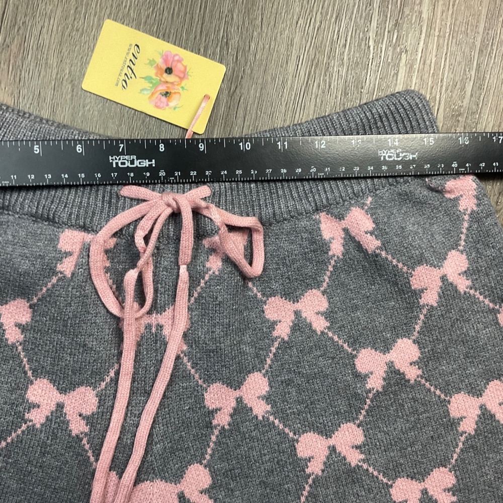 NWT Entro Bow Argyle Knit Sweater Top Shorts Set Womens Large Gray Pink Coquette - Picture 12 of 13